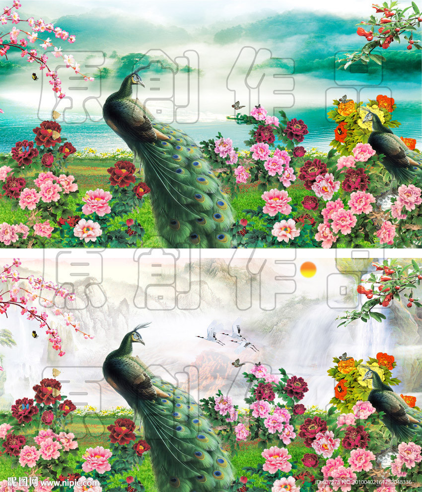 孔雀牡丹仙鹤富贵图