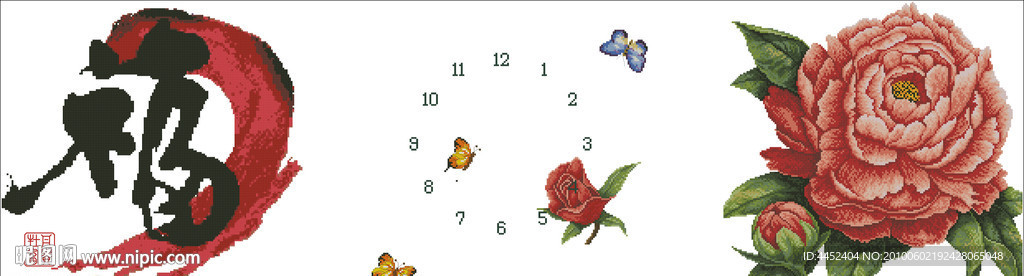 十字绣源文件 牡丹富贵钟面 图纸
