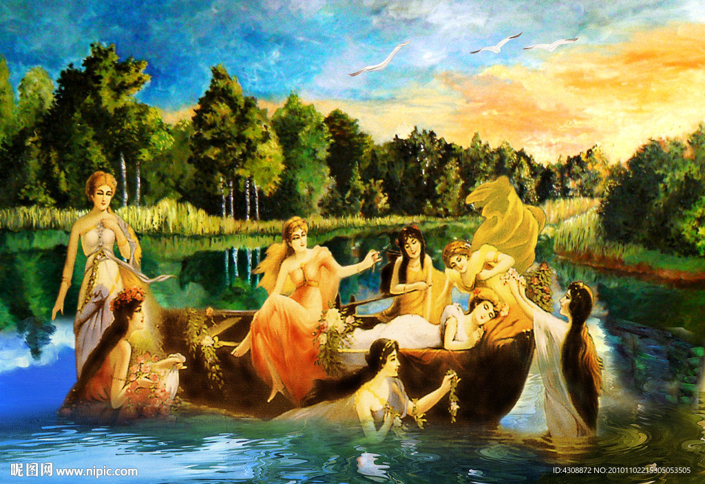 油画风景 美女沐浴