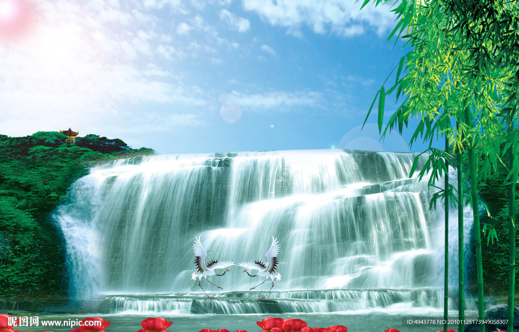 流水生财瀑布壁画