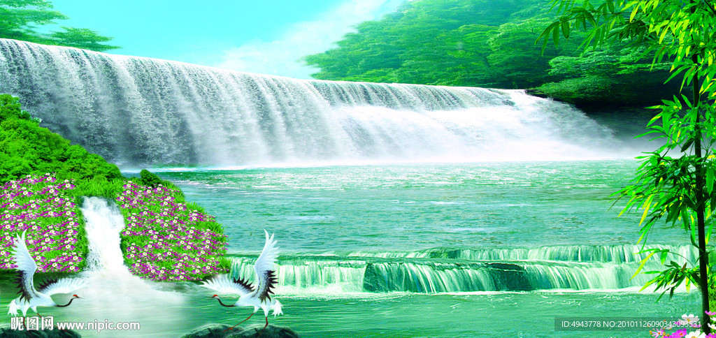 流水生财瀑布壁画