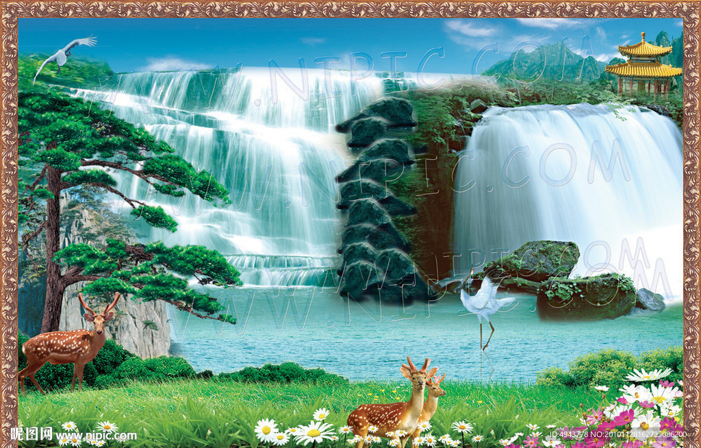 流水生财瀑布壁画