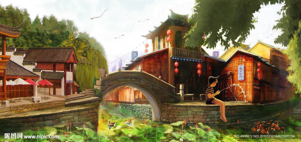 油画风景 水乡风情