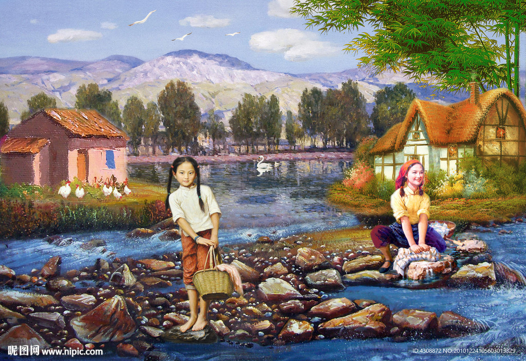 油画风景 山村水乡