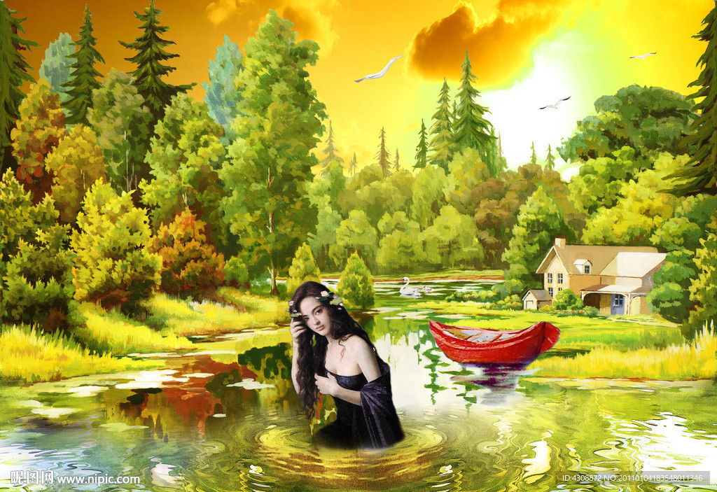 油画风景 美女沐浴