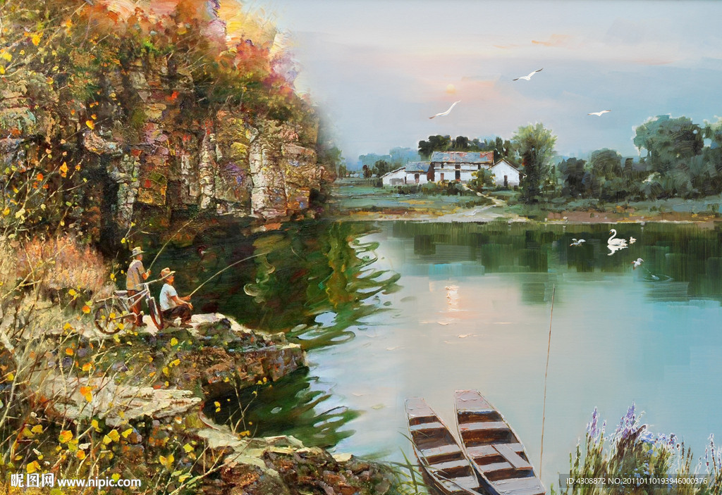 油画风景 湖畔垂钓