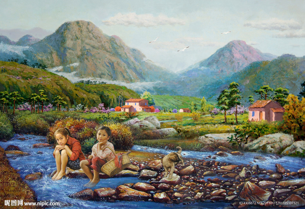 油画风景 山村小姐妹