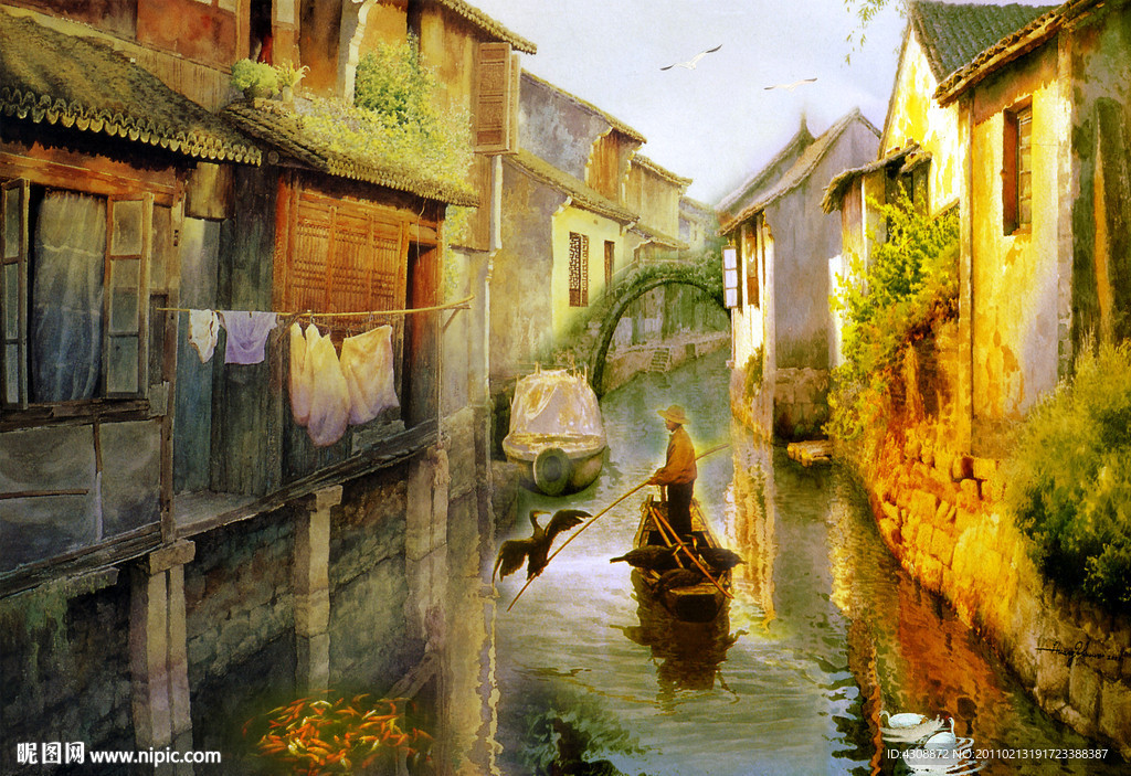 油画风景 山村水乡