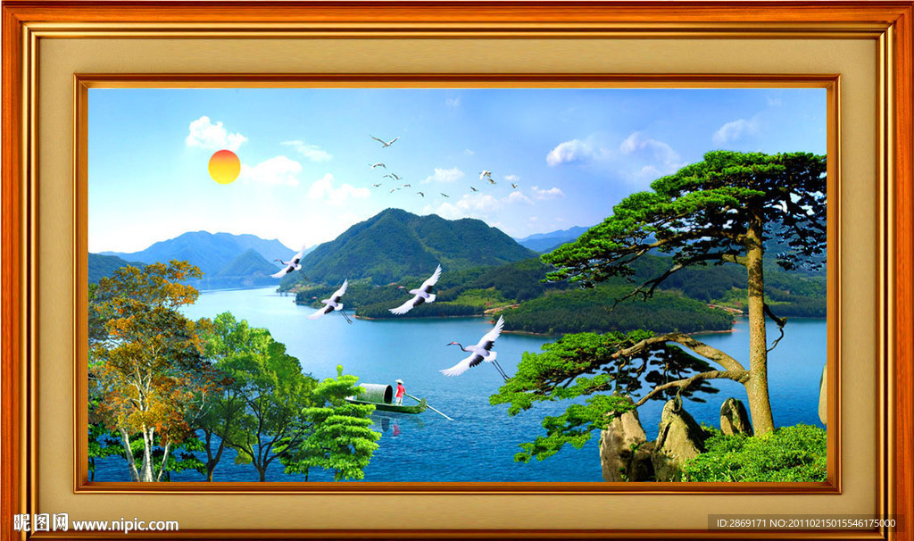 山水画 风景画 日出迎客松