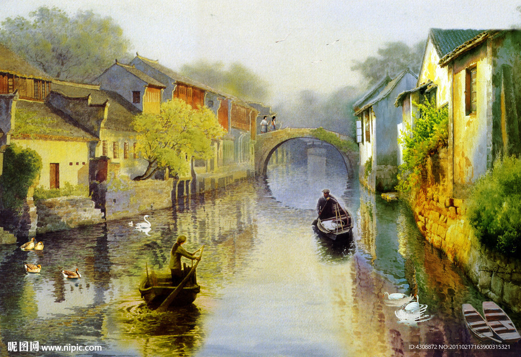 油画风景 山村水乡