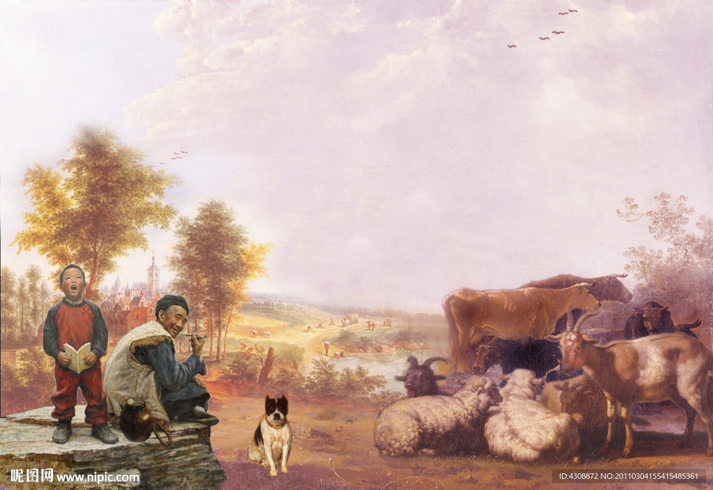 油画风景 放牧