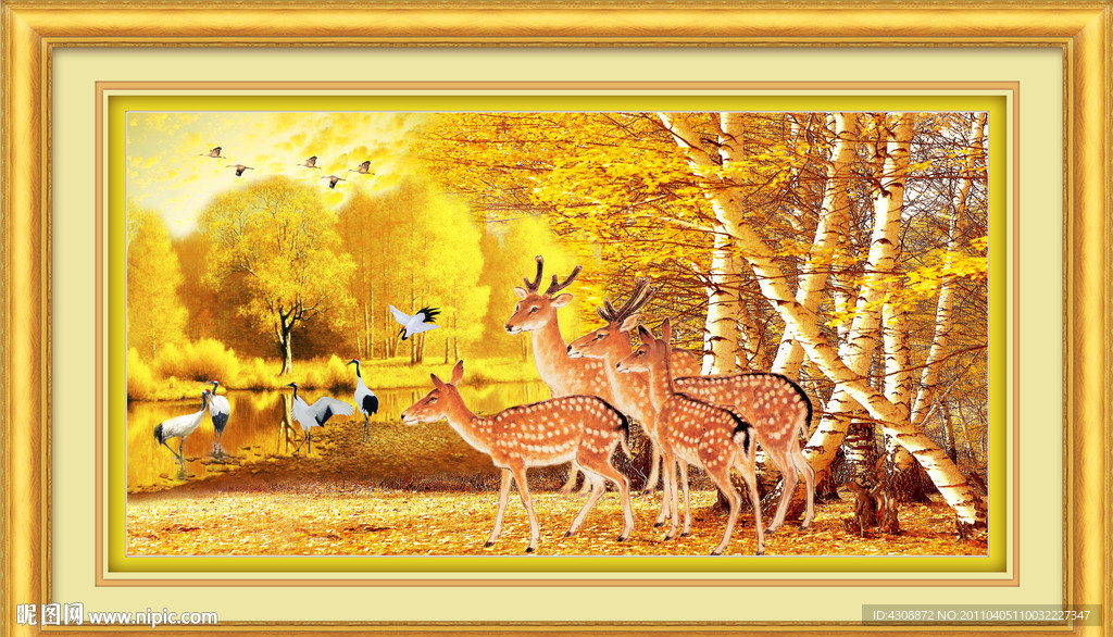 风景油画 鹿鹤同春