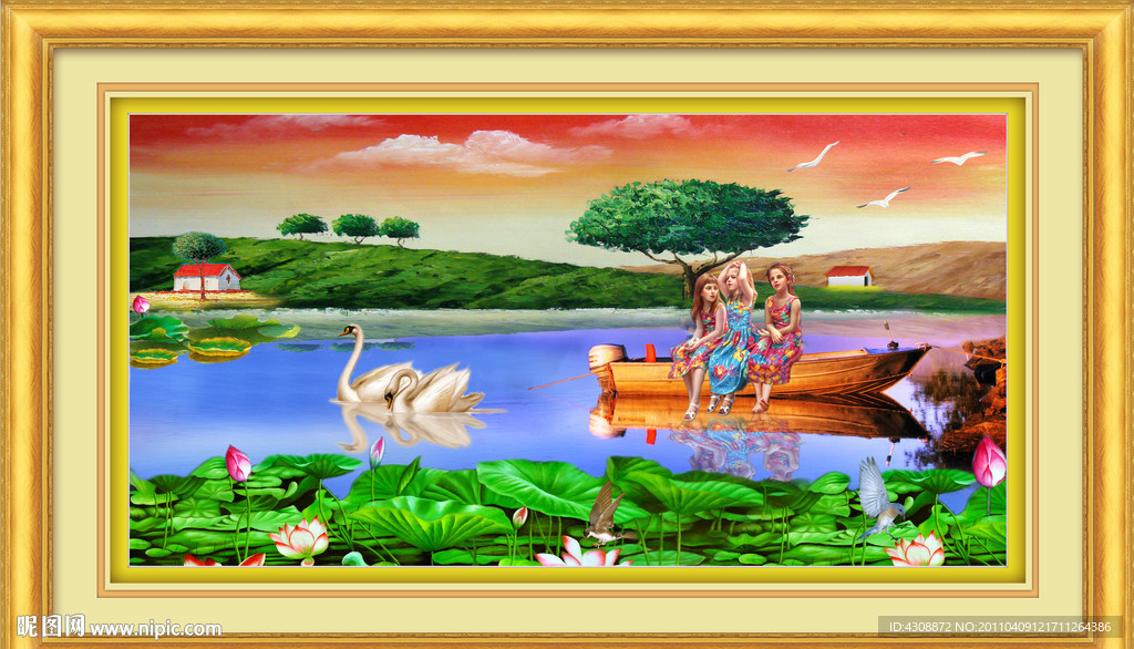 风景油画 天鹅湖中的芙蓉