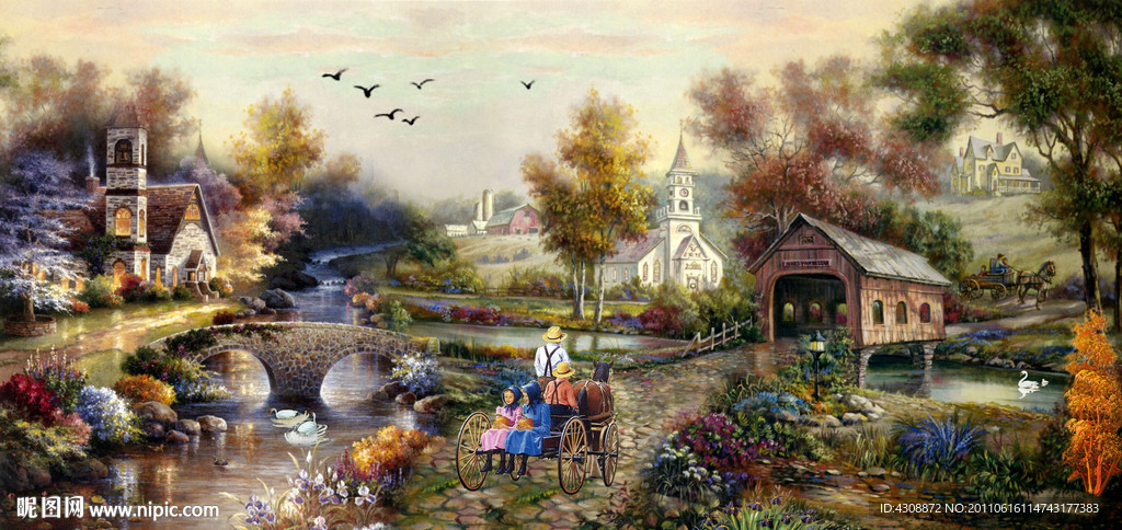 油画风景 山村油画