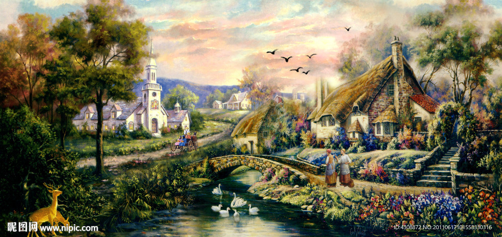 油画风景 山村油画