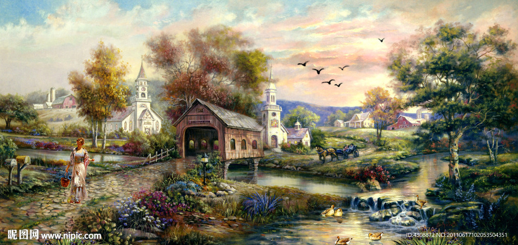 油画风景 山村油画