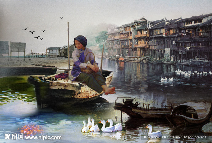 油画风景 山村水乡