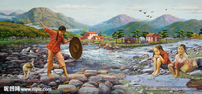 油画风景 山村小姐妹