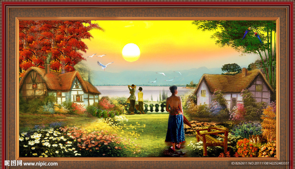 油画风景 花园漫步