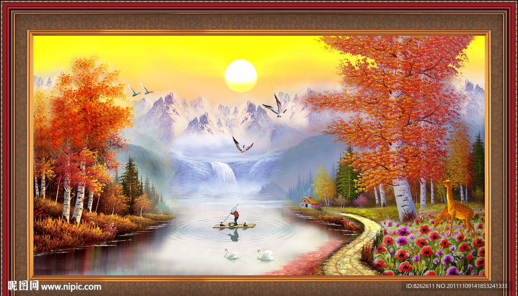 油画风景 枫林河畔