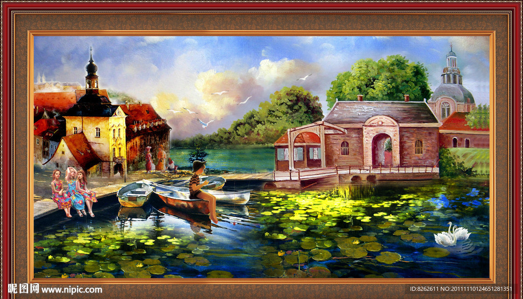 油画风景 山村水乡