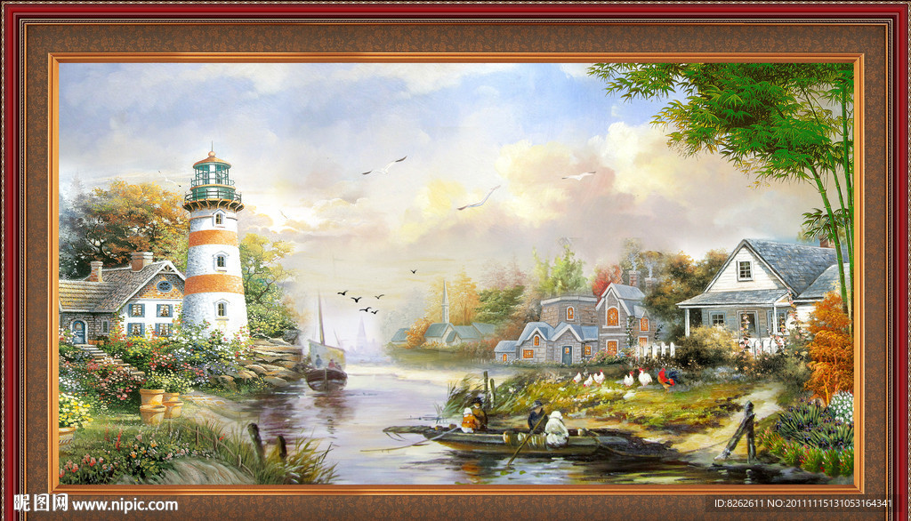 油画风景 山村水乡