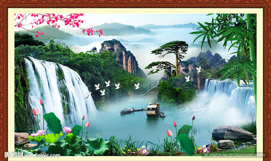 黄山迎客松 自然风光 自然风景 流水生财 财源滚滚