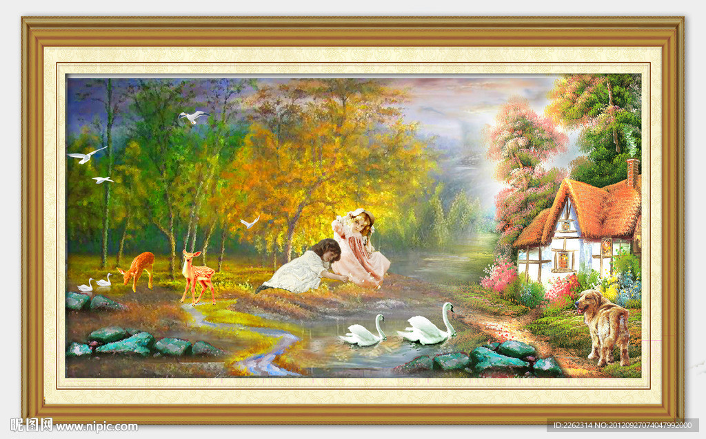 油画秋天湖水田园小屋PSD源文件