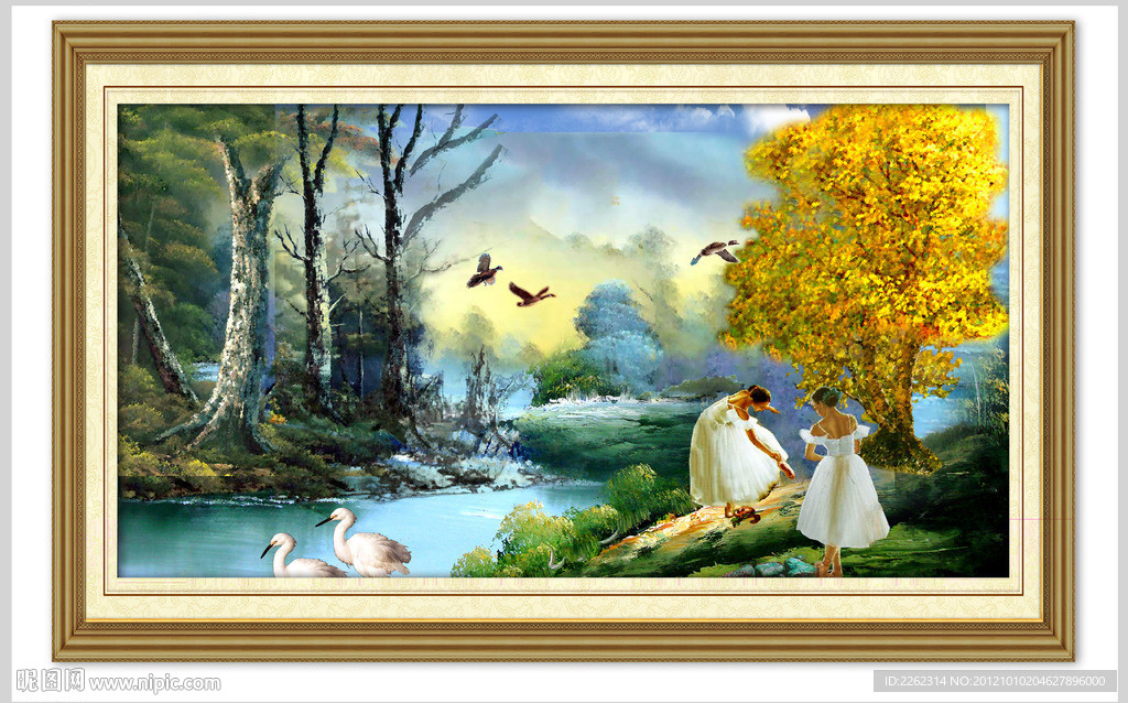 油画秋天湖泊田园童话黄树林PSD源文件