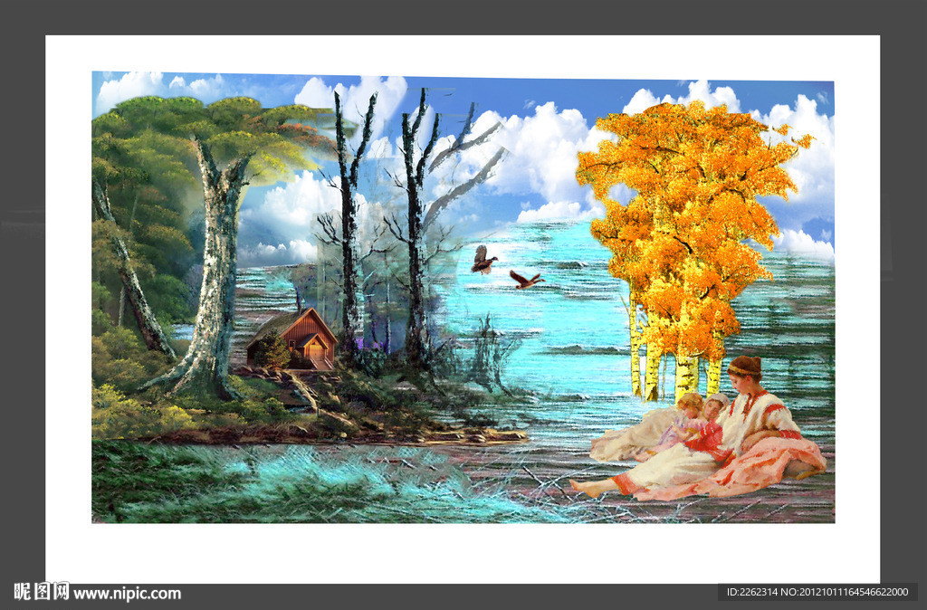 油画秋天湖泊田园童话黄树林PSD源文件