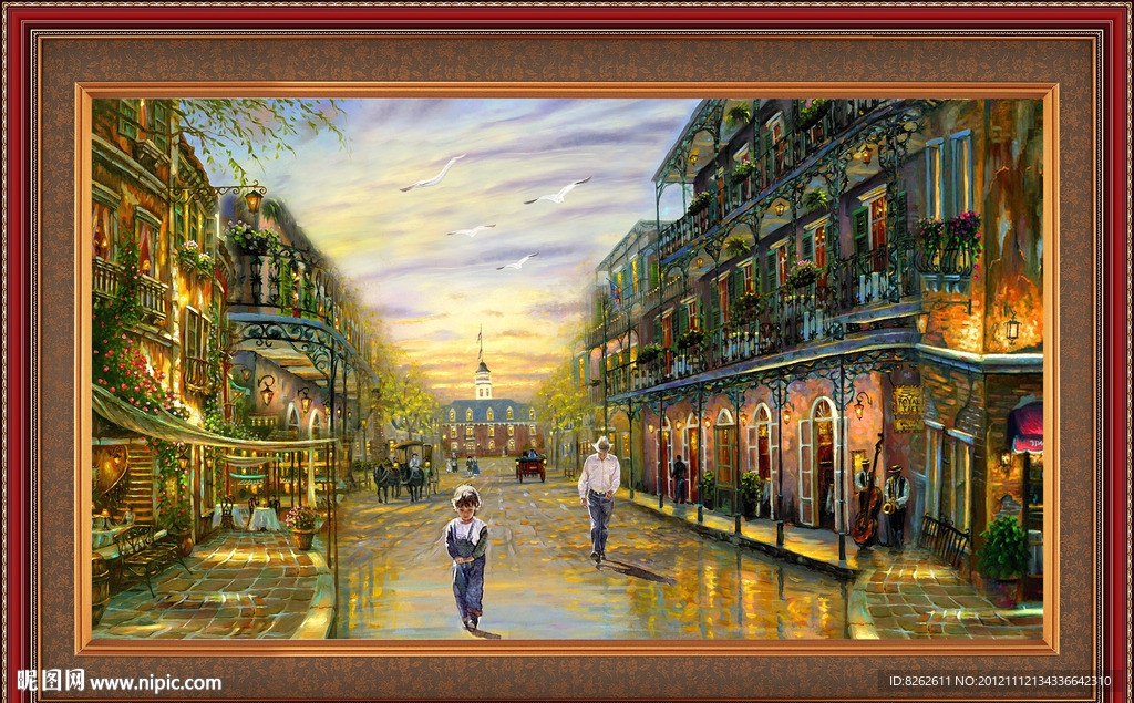 油画 城镇黄昏