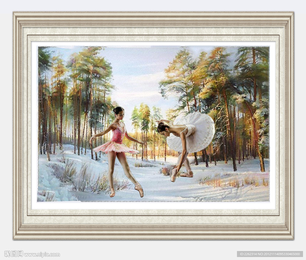 油画田园童话冬日雪景芭蕾天鹅湖