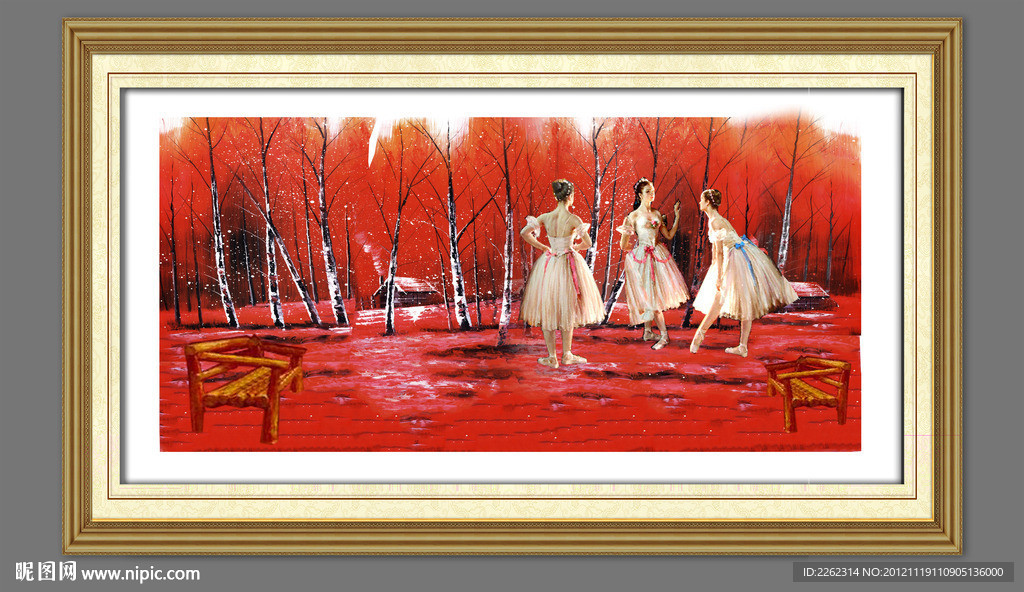 油画秋天田园湖泊童话红树林芭蕾天鹅湖