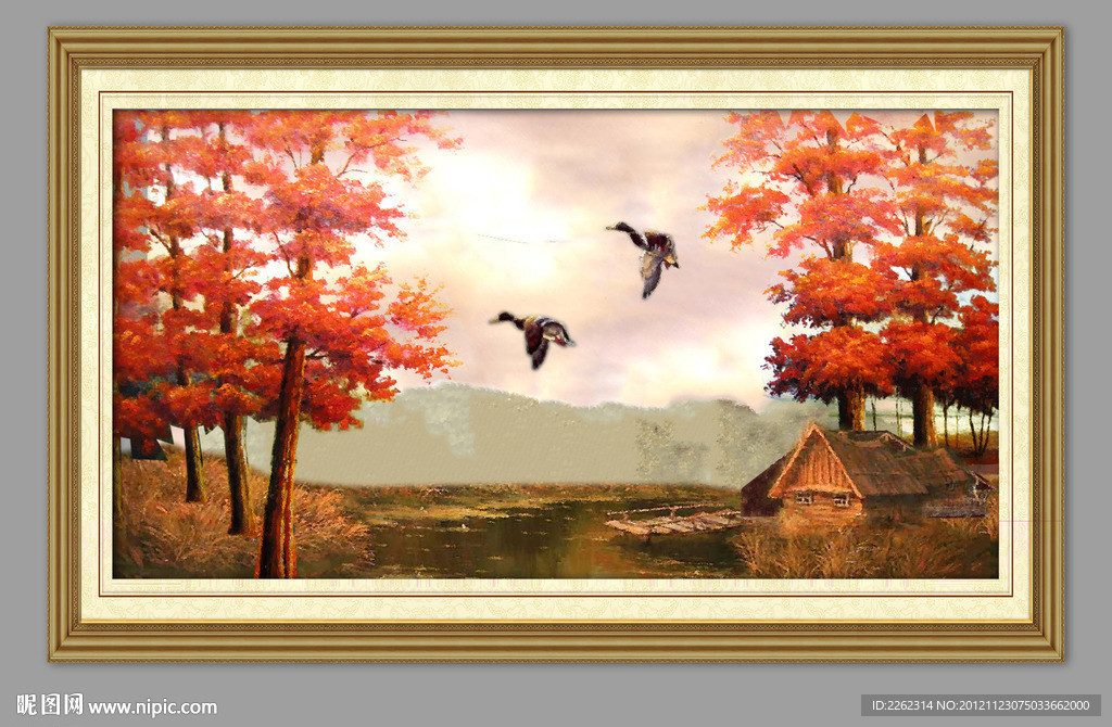 油画 秋天湖泊 田园童话 红树林 名画