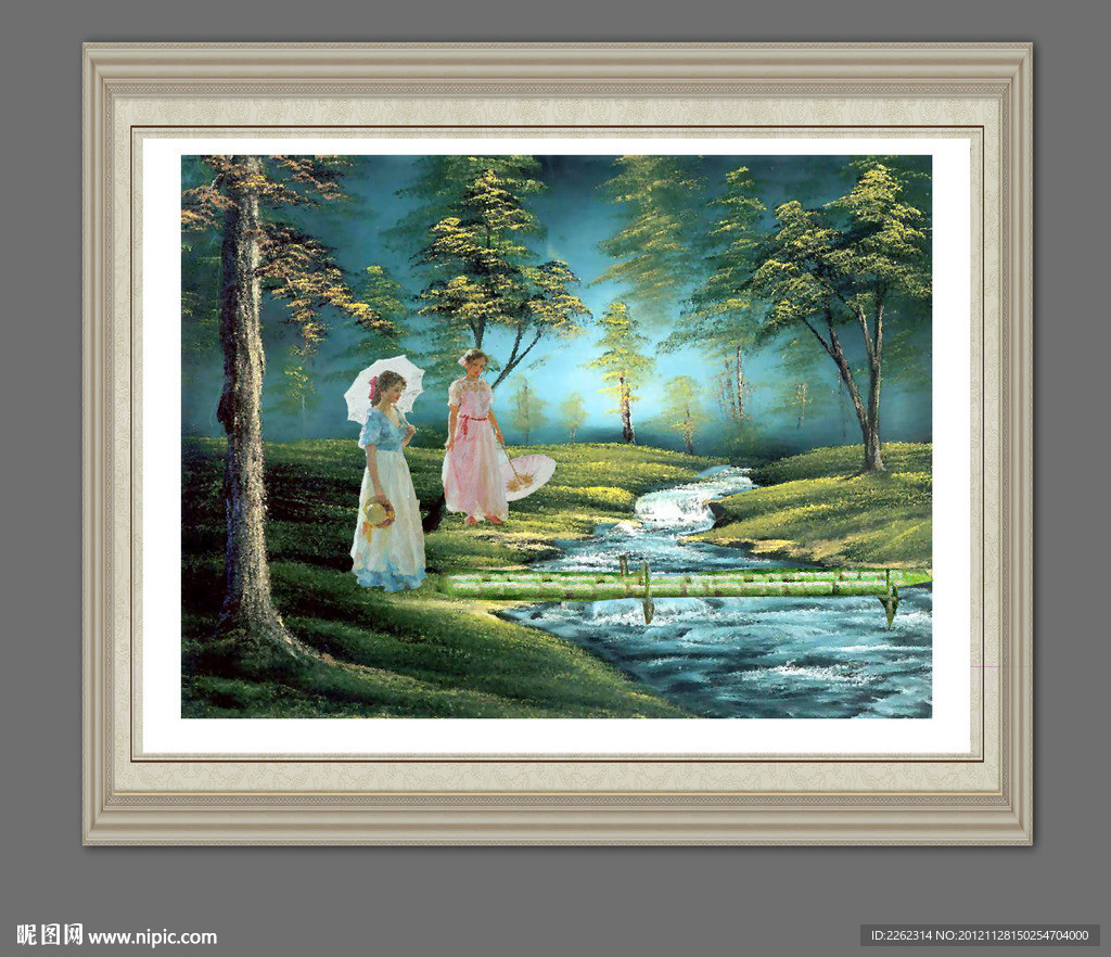 油画秋天树林湖泊田园童话郊游古典贵族贵妇