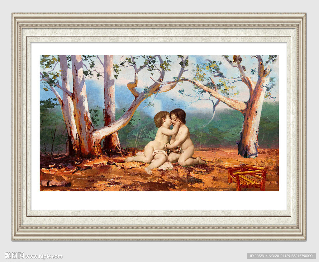 油画贵族花园古典白桦林两小无猜青梅竹马