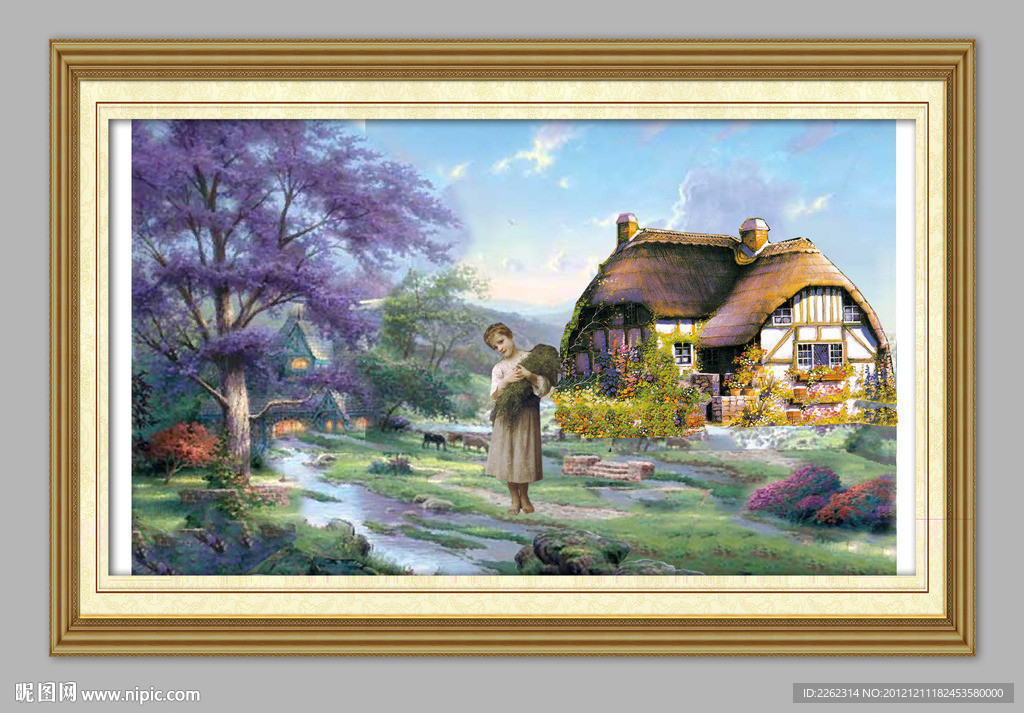 油画秋天树林田园童话农家小屋草屋茅屋