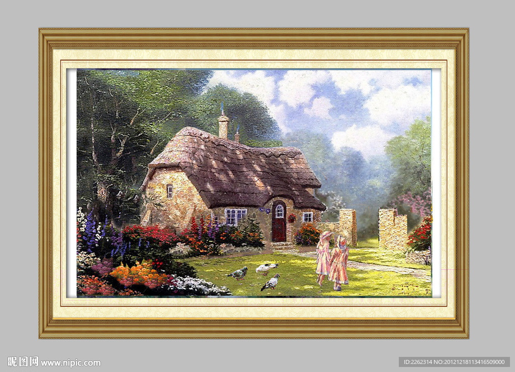 油画树林草坪草地田园童话友谊花园