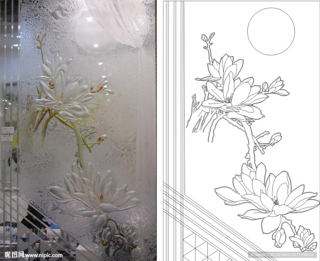 玉兰花 月亮 车刻