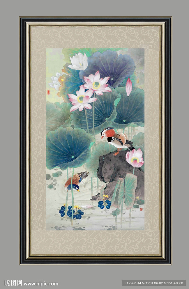 中国画水墨荷塘柳枝