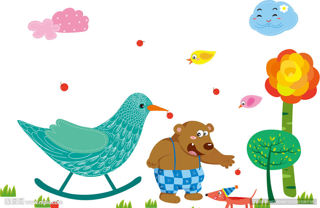 熊树鸟云朵狗樱桃卡通