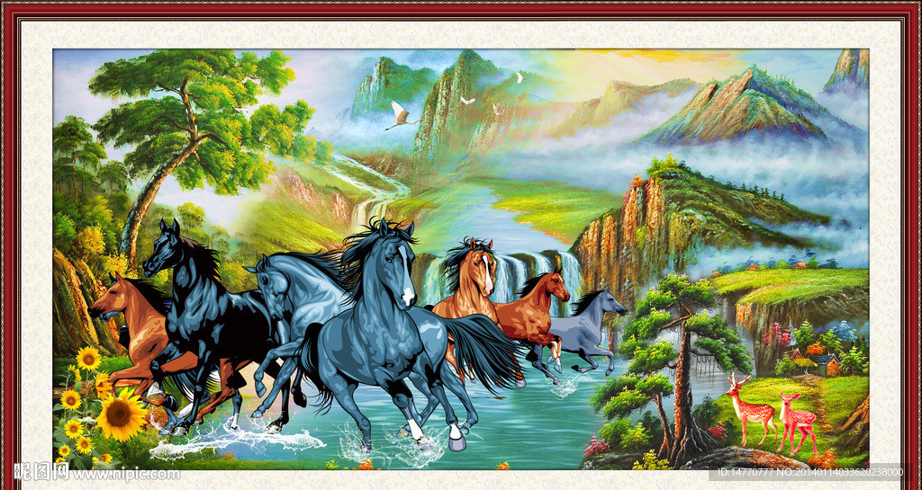 油画风光之八骏图