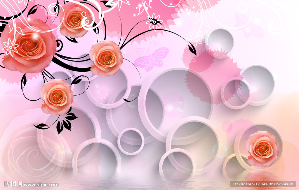 3D 玫瑰 花纹 倒影  