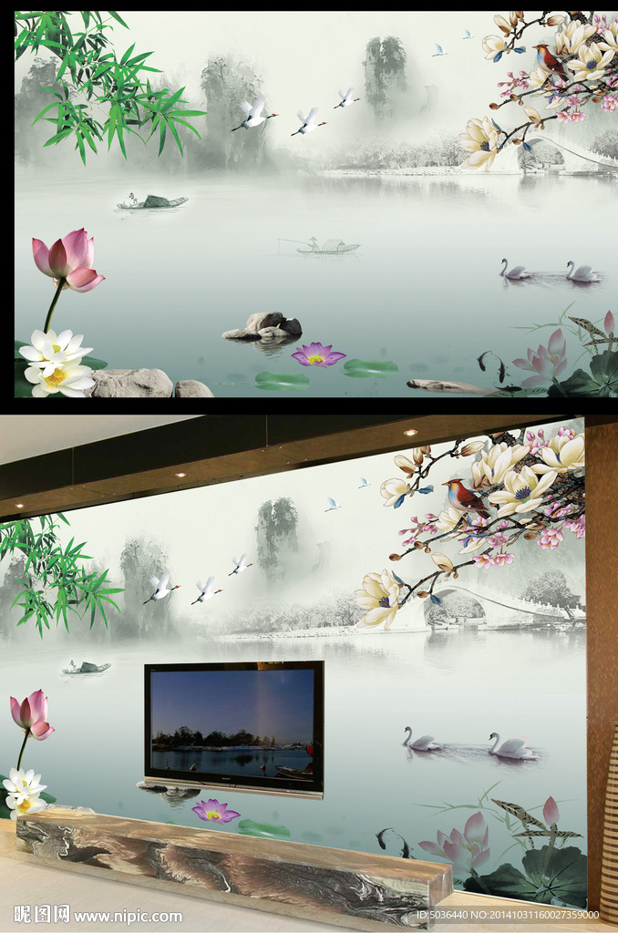 花鸟图 电视背景墙