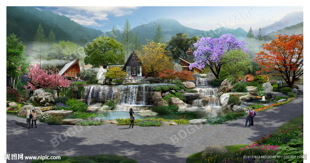 木屋假山水池景观