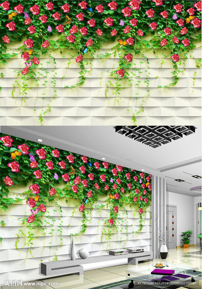 玫瑰爬墙虎电视背景 大型壁画
