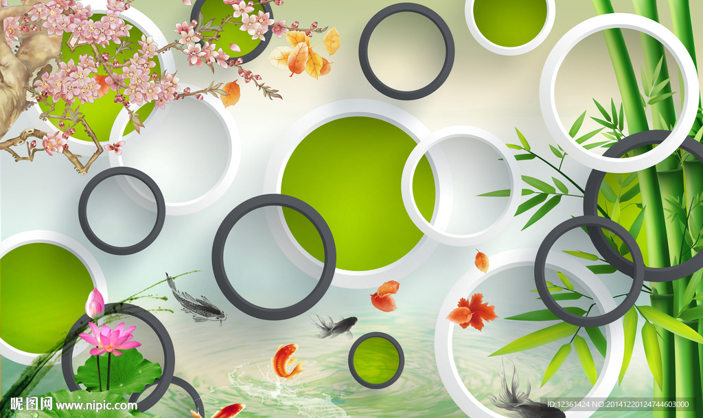 3D 竹林 桃花 鱼福图背景墙