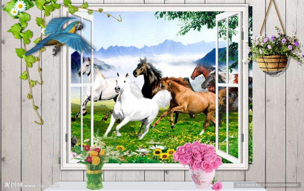 3D窗外骏马背景