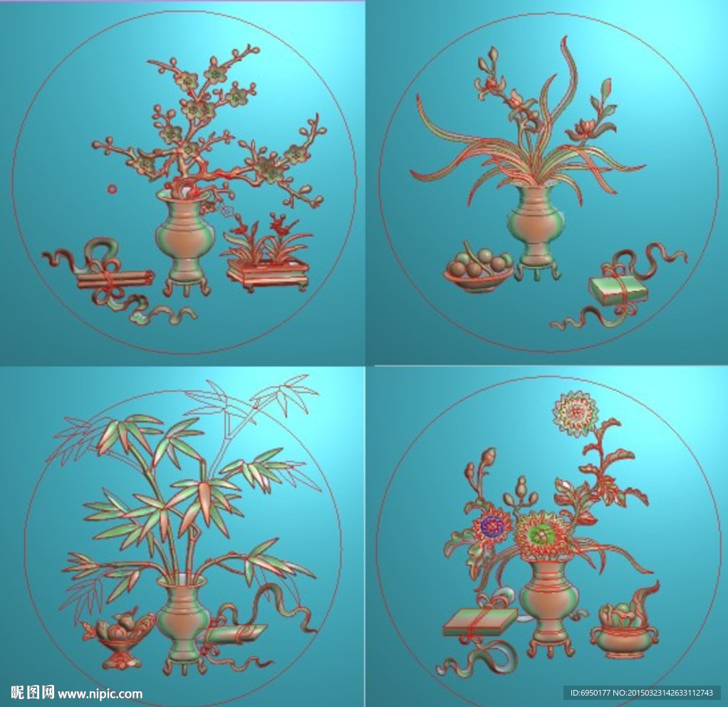 梅兰竹菊花瓶背板精雕图灰度浮雕