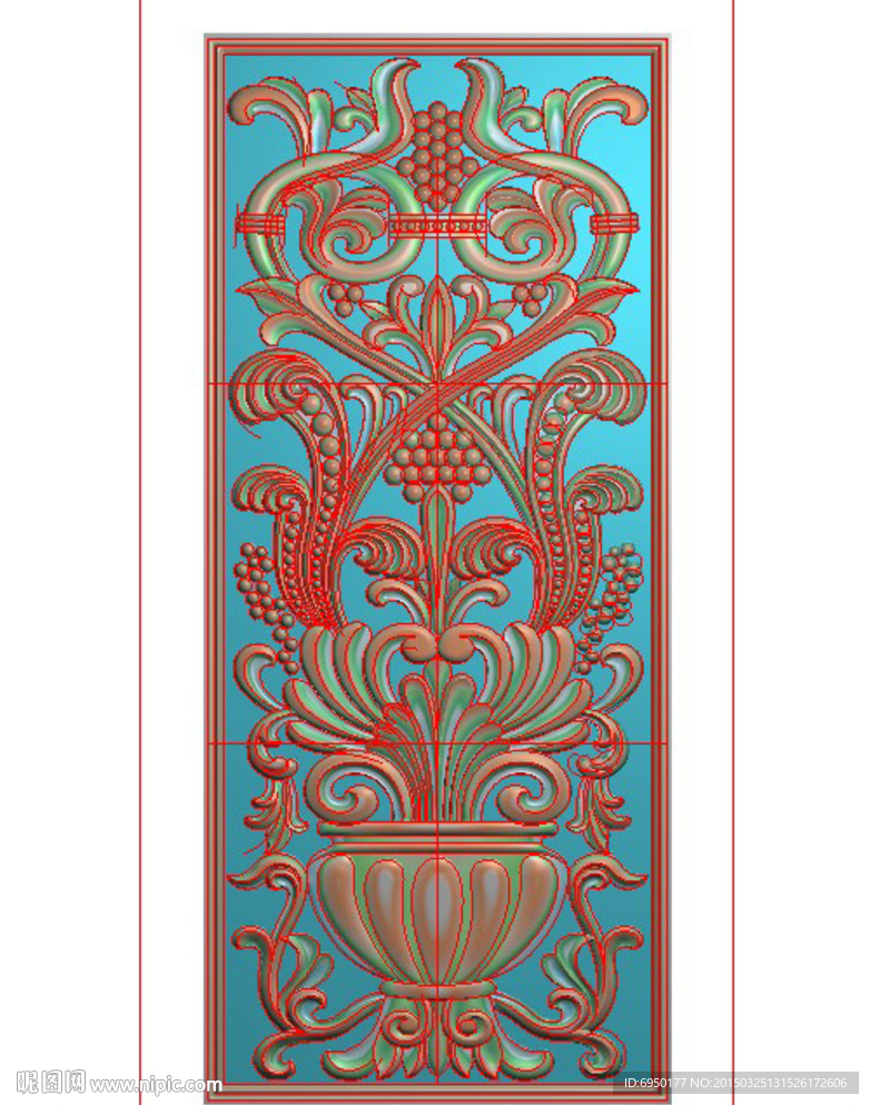 垭口花瓶洋花门板精雕图灰度浮雕